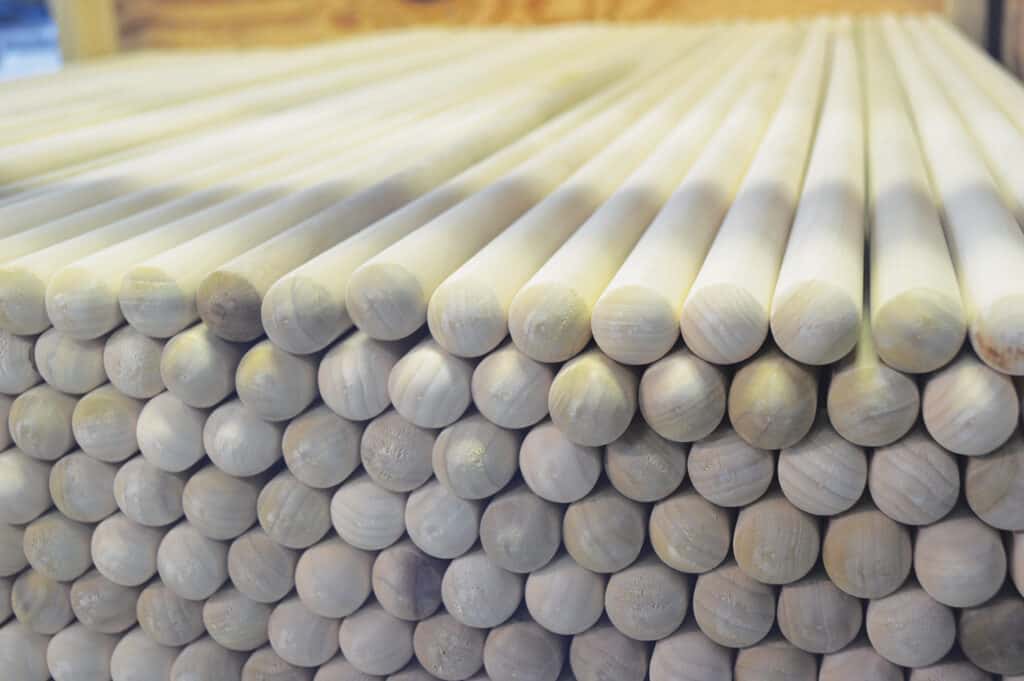 Pictured are knobbed dowels that will likely be used for brooms, mops, or rakes. Among the species utilized in HCM’s products is Southern Yellow Pine.
