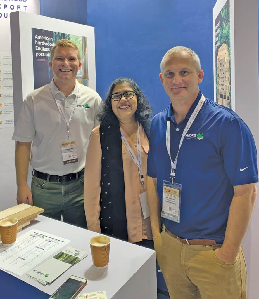 At the 2019 Mumbaiwood trade show in Mumbai, India, Tyler Kamps (left) poses for a photo with trade consultant Supriya Kanetkar (middle) and General Manager Rob Kukowski.