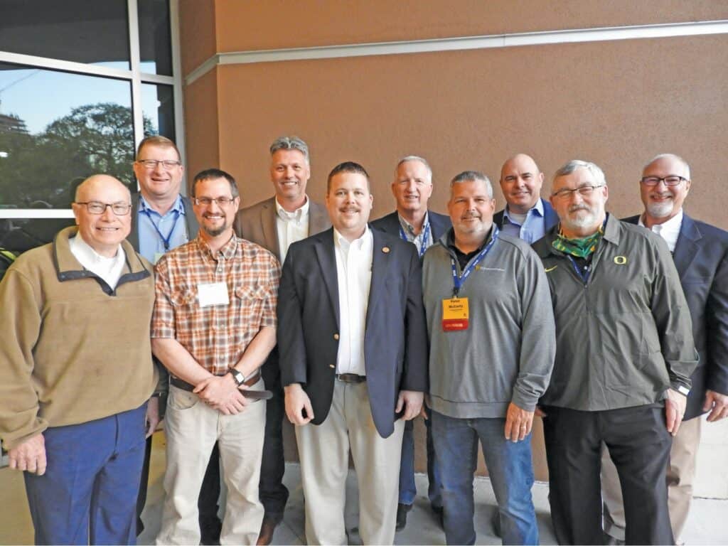 (Front, from left): Paul Miller Jr., National Hardwood Magazine, Memphis, TN; Trent Yoder, Yoder Lumber Co. Inc., Millersburg, OH; Scott Cummings, Cummings Lumber Co. Inc., Troy, PA; Peter McCarty, TS Manufacturing, Dover-Foxcroft, ME; Marv Bernhagen, Lewis Controls/Corley Manufacturing, Chattanooga, TN; (Back, from left): Brian Schilling, Pike Lumber Co. Inc., Akron, IN; Troy Brown, Kretz Lumber Co. Inc., Antigo, WI; Wayne Law, New River Hardwoods, Mountain City, TN; Tommy Petzoldt, East Perry Lumber Co., Frohna, MO; and Norm Steffy, Cummings Lumber Co. Inc.