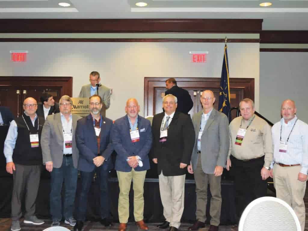 Past IHLA presidents, from left: Tom Oilar, Cole Hardwood, Logansport, IN; Jay Engle, Smith Creek, Borden, IN; Rich Solano, Pike Lumber, Akron, IN; Mike Powers, Maley & Wertz, Evansville, IN; Brett Franklin, Tri-State Timber, Bloomington, IN; Darren Hollingsworth, Hollingsworth Lumber, Russiaville, IN; Dave Bramlage, Cole Hardwood; and Shaun Cook, C.C. Cook & Sons Lumber, Reelsville, IN