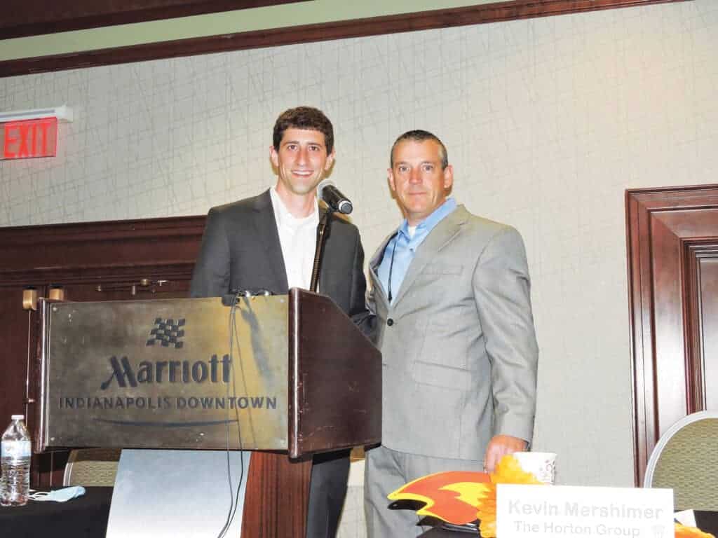 Incoming IHLA President is (left) Kaleb Hollingsworth, Hollingsworth Lumber, Russiaville, IN and Outgoing IHLA President is Kevin Mershimer, The Horton Group, Carmel, IN