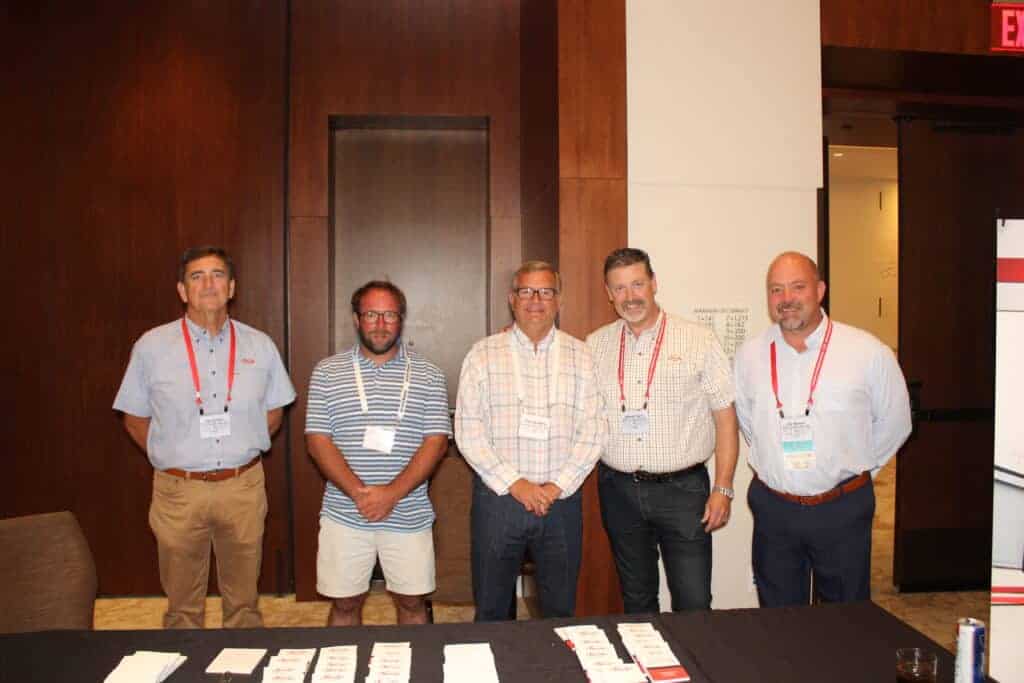 Barry Black, Taylor Machine Works Inc., Louisville, MS; Michael Gulley, Dempsey Wood Products Inc., Orangeburg, SC; Tommy Battle, Battle Lumber Co. Inc., Wadley, GA; and Robert Taylor and Hal Nowell, Taylor Machine Works Inc.