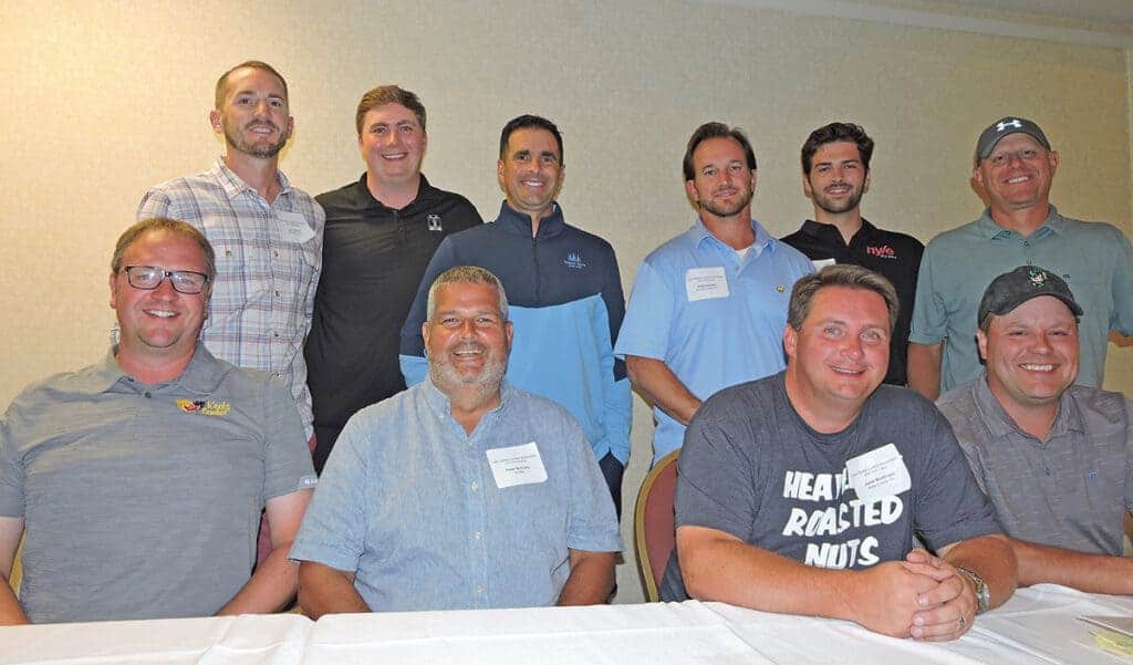 (Front row, from left): LSLA recreation committee – Cal Diercks, Kretz Lumber Co. Inc., Antigo, WI; Peter McCarty, TS Manufacturing Co., Dover-Foxcroft, ME; Jason Brettingen, Kretz Lumber Co. Inc.; Cory Corullo, Action Floor Systems LLC, Mercer, WI; and (back row, from left): Luc Connor, WD Flooring Inc., Laona, WI; Sam Brettingen, Mutual of Omaha Investor Services Inc., Waukesha WI; Vince Catarella, Baillie Lumber Co., Hamburg, NY; Phil Kersten, Kersten Lumber Co. Inc., Birnamwood, WI; Elijah McCarty, Nyle Systems LLC, Brewer, ME; and Ross Corullo, Action Floor Systems LLC