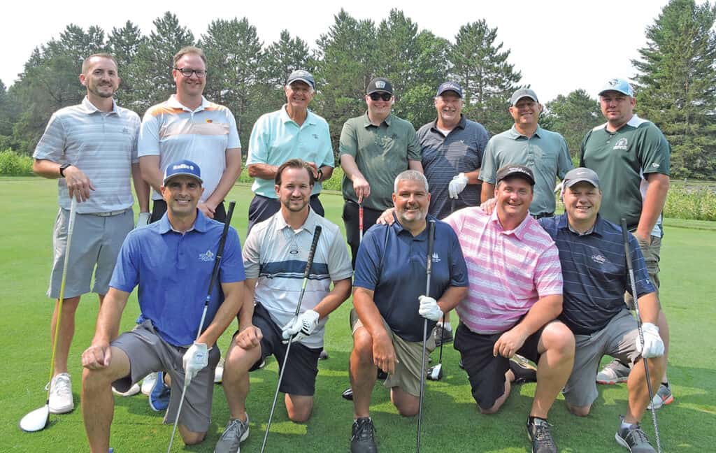 (Front row, from left): Vince Catarella, Baillie Lumber Co., Hamburg, NY; Phil Kersten, Kersten Lumber Co. Inc., Birnamwood, WI; Peter McCarty, TS Manufacturing Co., Dover-Foxcroft, ME; Jason Brettingen, Kretz Lumber Co. Inc., Antigo, WI; and Cory Corullo, Action Floor Systems LLC, Mercer, WI; and (back row, from left): Luc Connor, WD Flooring Inc., Laona, WI; Cal Diercks, Kretz Lumber Co. Inc.; Marty Fox, Max Hill Lumber Co. Inc., Corona, CA; Sam Brettingen, Mutual of Omaha Investor Services, Waukesha, WI; Jimmy Jordan, Retired, Northwoods Lumber Co., Minocqua, WI; Ross Corullo, Action Floor Systems LLC; and Andy Dufeck, Dufeck Wood Products, Denmark, WI