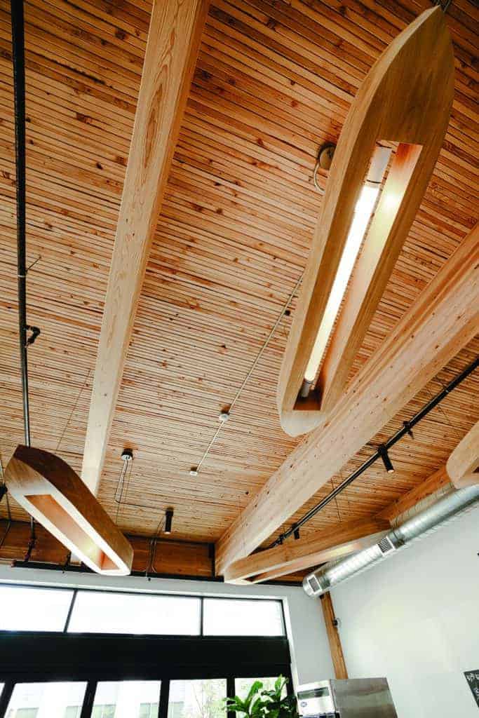 The Hudson Building in Vancouver, WA is a structure built utilizing mass timber from local sources (Calvert Co. Inc. glulam beams are shown here).