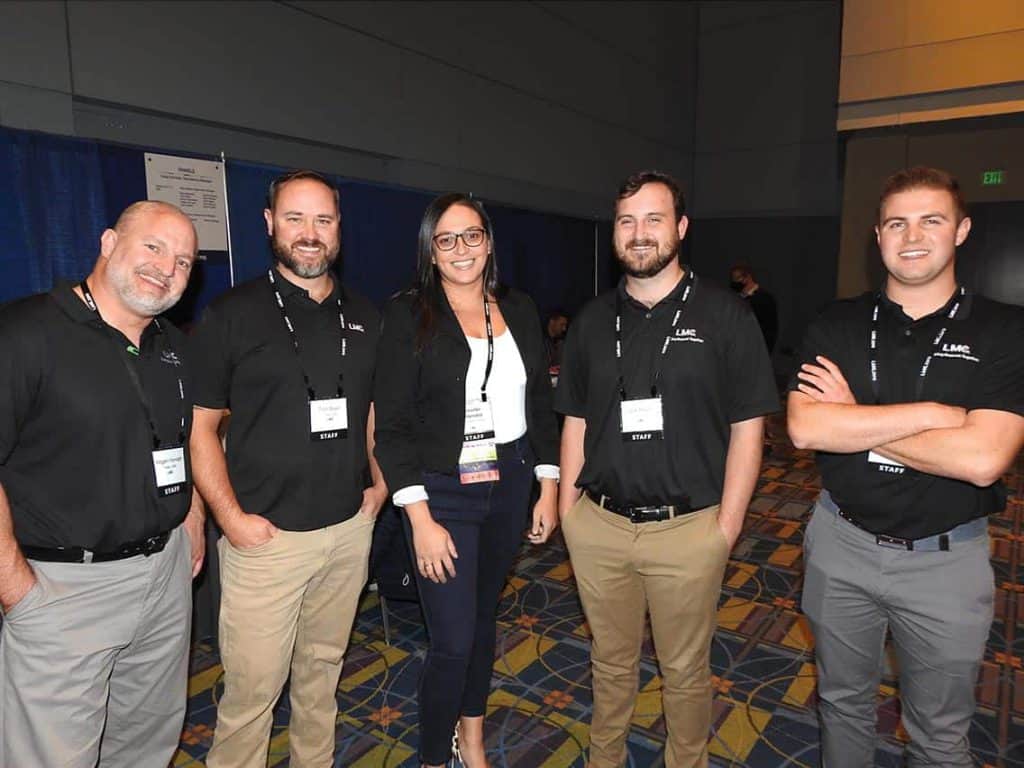 Hogan Horvath and Tom Beyer, OSB Trader for LMC, Wayne, PA; Jennifer Melendez, Panels Assistant Trader for LMC, Wayne, PA; Jack Regan, OSB Trader for LMC, Wayne, PA; and John Truax, Plywood Trader for LMC, Wayne, PA 