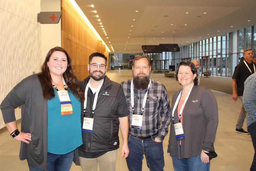 Kaycee Hallstrom, Zip-O-Log Mills Inc., Eugene, OR; Chris Knowles, Timber Products Company, Springfield, OR; David Jones, Timber Products Inspection Inc., Peachtree City, GA; and Rebecca Richey, Pacific Woodtech Corporation, Burlington, WA 