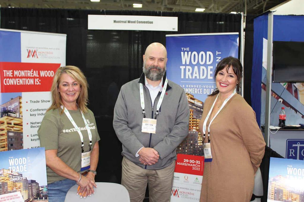 Allison DeFord, North American Forest Foundation, Collierville, TN; Bryan Smalley, Southeastern Lumber Manufacturers Association, Tyrone, GA; and Emilie Desmarais, Montreal Wood Convention, Quebec City, QC 