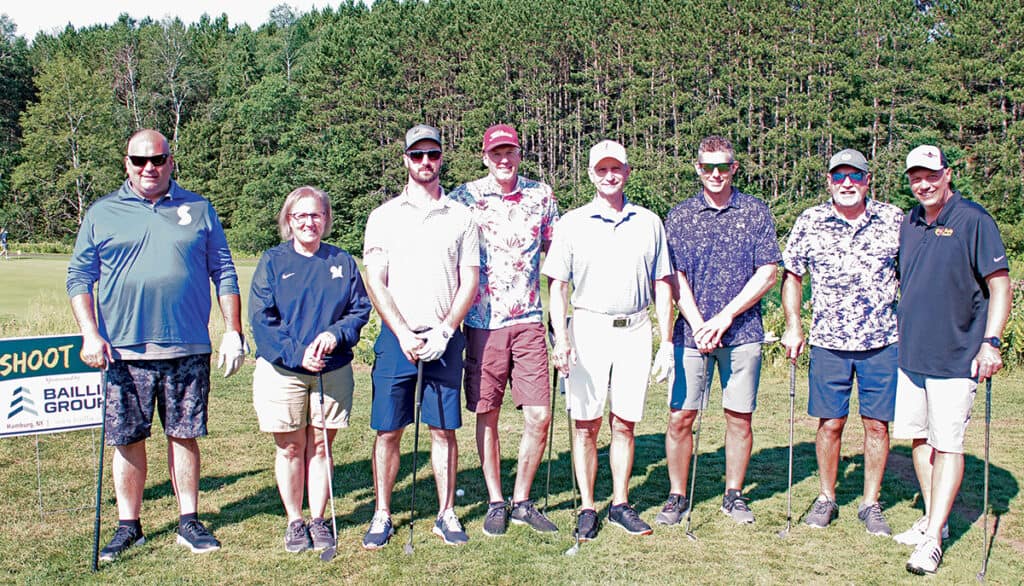 The Baillie Group Cash Shoot-Out team: Jon Richter, Shamco Lumber Inc., Iron River, MI; Pam Ludwig, L & N Hardwoods Inc., Shawano, WI; Loren DeJonge, Constructive Sheet Metal Inc., Allendale, MI; Dan Hansen, Midwest Hardwood Company LLC, Maple Grove, MN; Rick Degen, retired, Shawano, WI; Chris Walters, Walters Brothers Lumber Manufacturing Inc., Rice Lake, WI; Gary LeMaster, retired, Oconomowoc, WI; and Troy Brown, Kretz Lumber Co. Inc., Antigo, WI